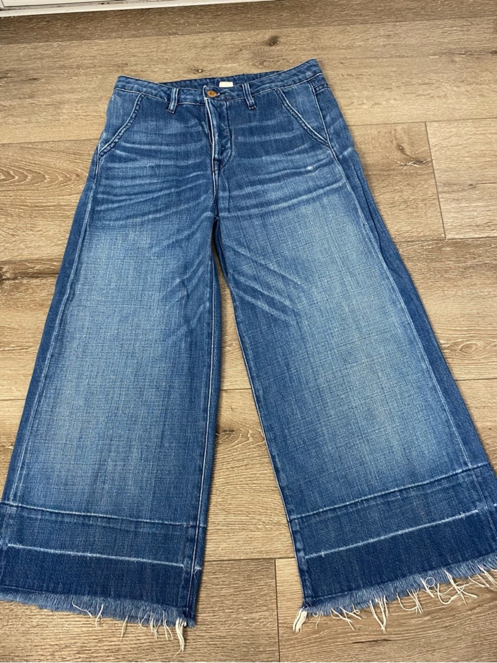 NSF Distressed Wide-Leg Denim Jeans in Blue